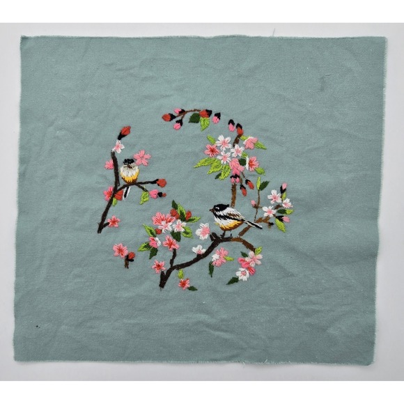 Vintage Embroidered Songbird Cherry Blossoms 10x10 Handmade‎ Fabric Textile Art - Picture 4 of 6